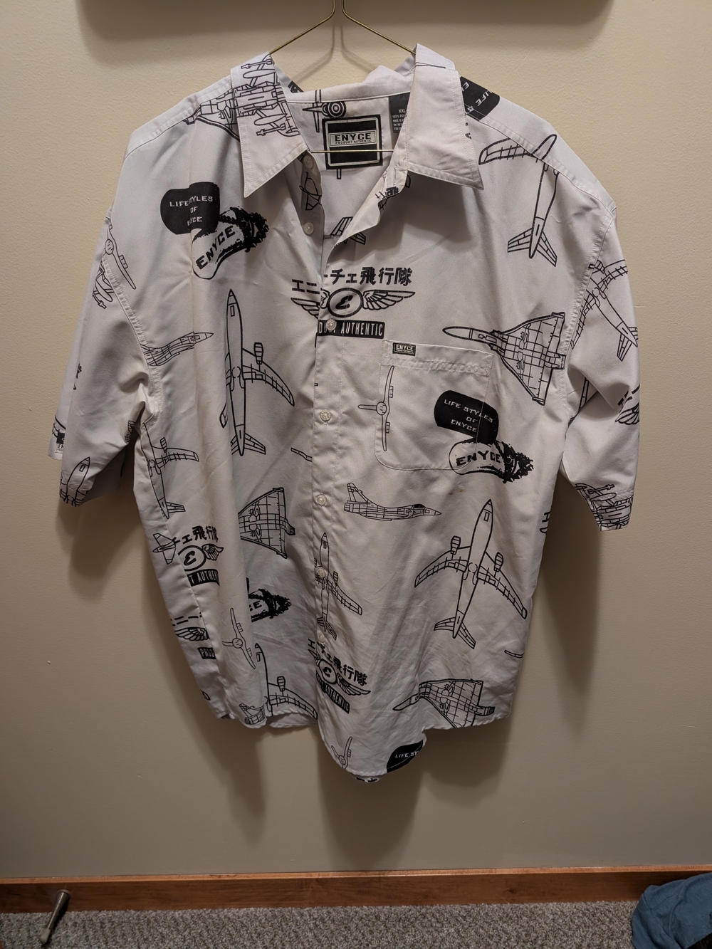 Enyce White Short-Sleeve Button-Down Shirt with Black Airplane Print
